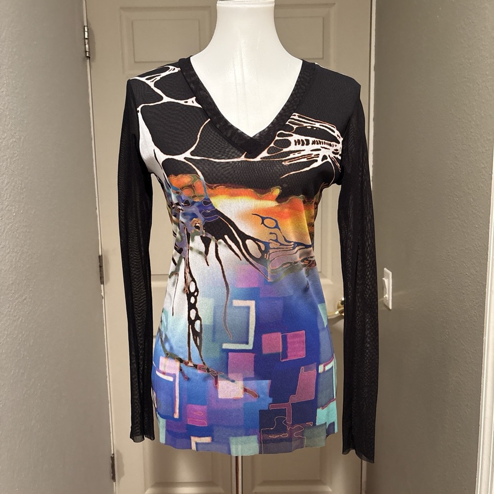 Abstract Print V-Neck Long Sleeve Top - Black and Multicolor #3947